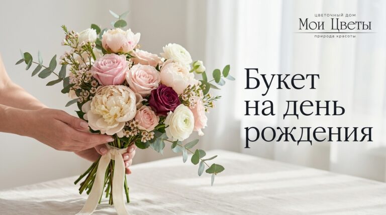 Романтический букет из роз и пионов для девушки на день рождения