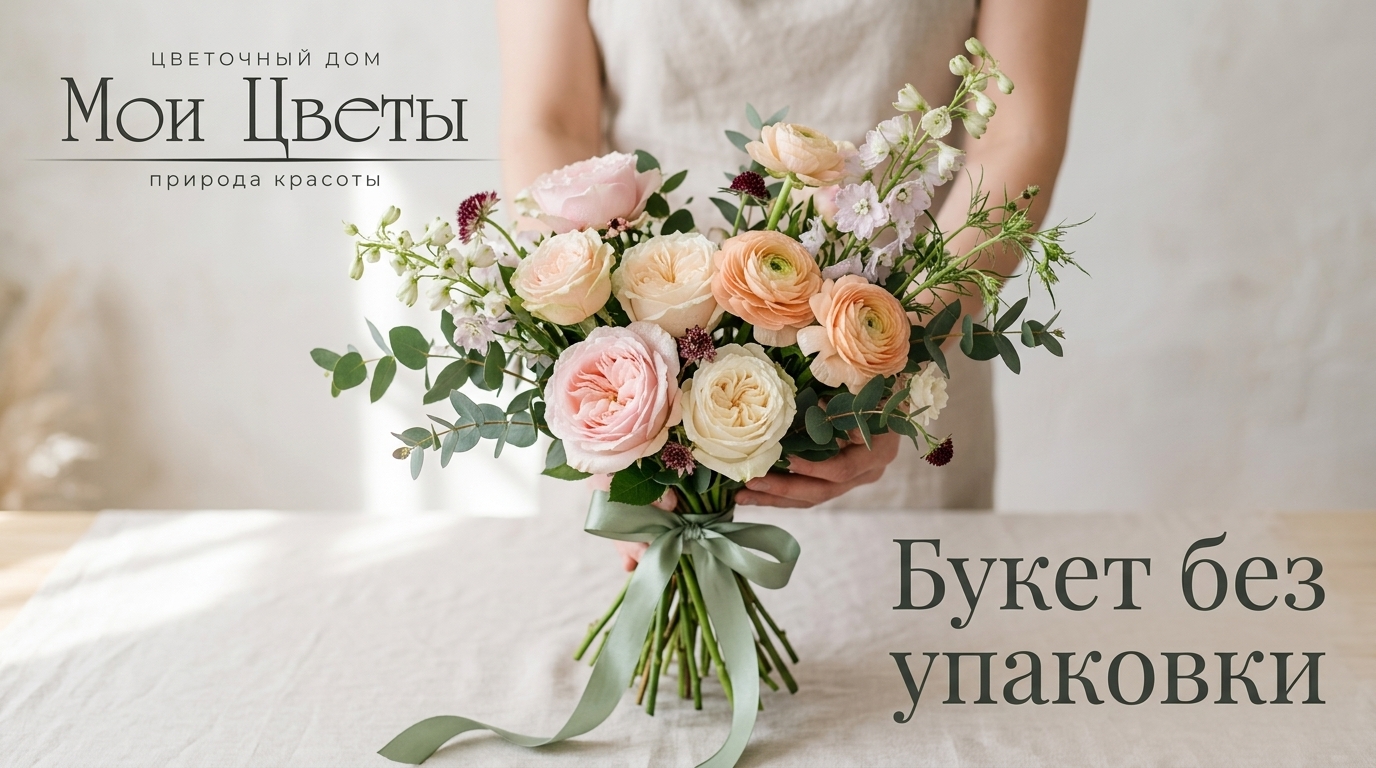 Букет цветов без упаковки, оформленный с аккуратностью