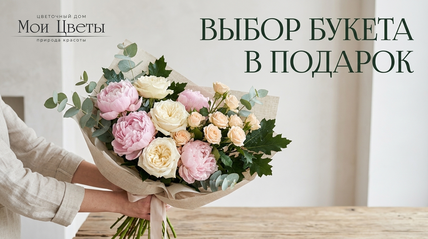 Сборный букет из роз, пионов и тюльпанов в цветочном магазине