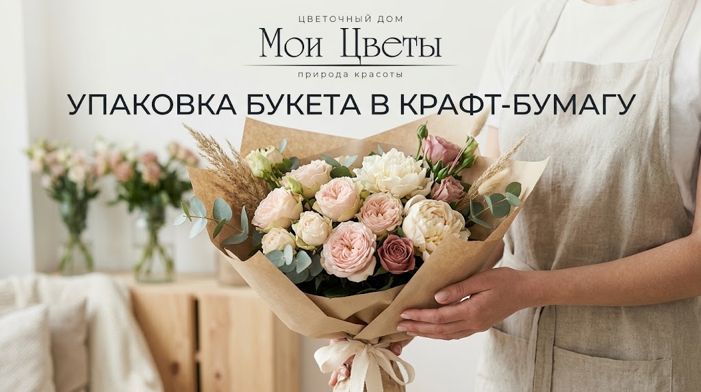 Букет, упакованный в крафт бумагу с цветами на подарок в Кarpinsk