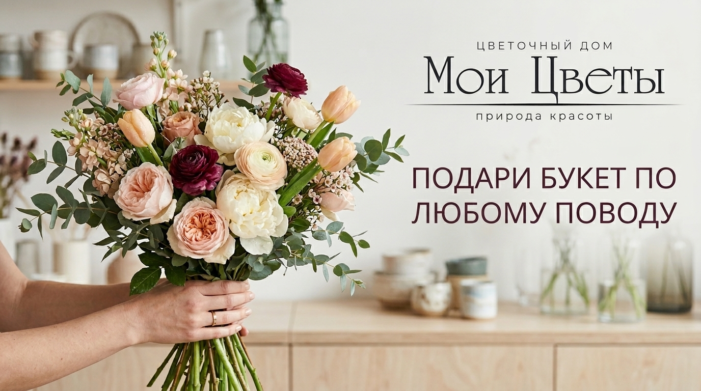 Яркий букет с розами и тюльпанами в цветочном магазине Кarpinsk